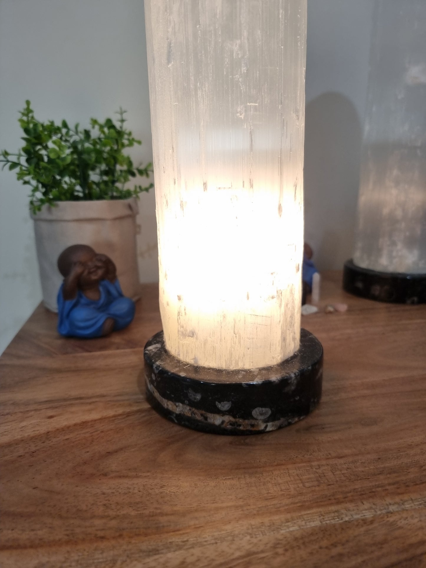 Selenite Lamp with Ancient Fossil Orthoceras Base 30cm