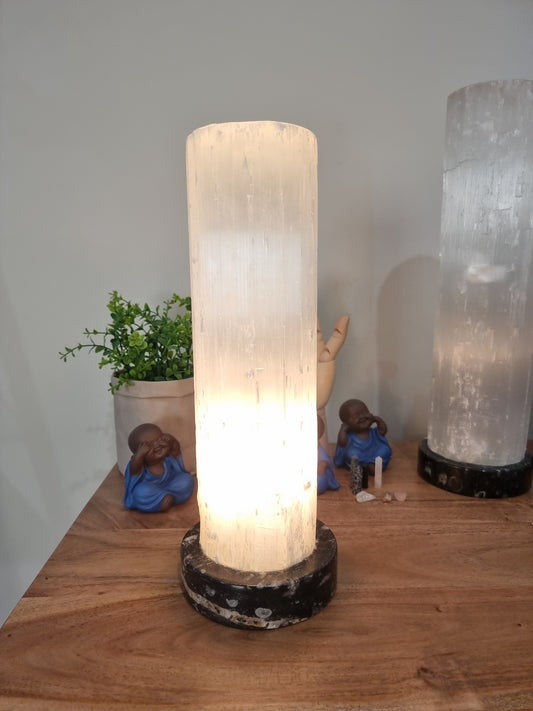 Selenite Lamp with Ancient Fossil Orthoceras Base 30cm
